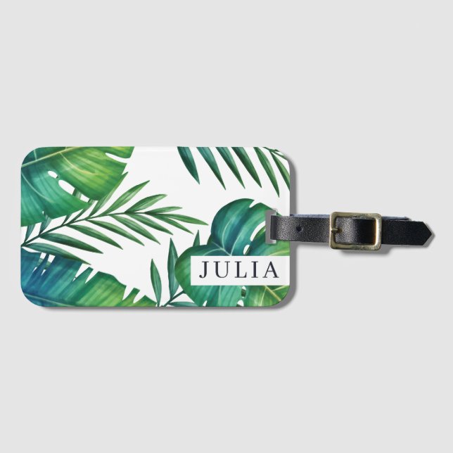 Etiqueta De Bagagem Folhas Tropicais Personalizadas por Aquarelas (Frente Horizontal)