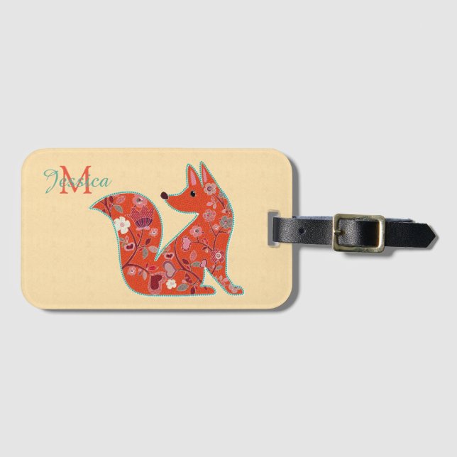 Etiqueta De Bagagem Folk Art Flower Pattern Fox Personalizado (Frente Horizontal)