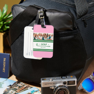 Etiqueta De Bagagem Foto do amante de golfe verde e rosa com nome pers
