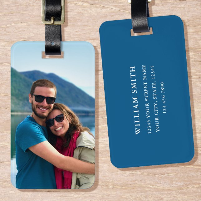 Etiqueta De Bagagem Foto personalizada Blue Simple Modern (Criador carregado)