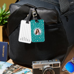 Etiqueta De Bagagem Foto Personalizada em Círculo de Pérolas em Verde-