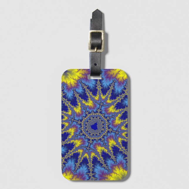 Etiqueta De Bagagem Fractal azul claro e amarelo colorido (Frente Vertical)