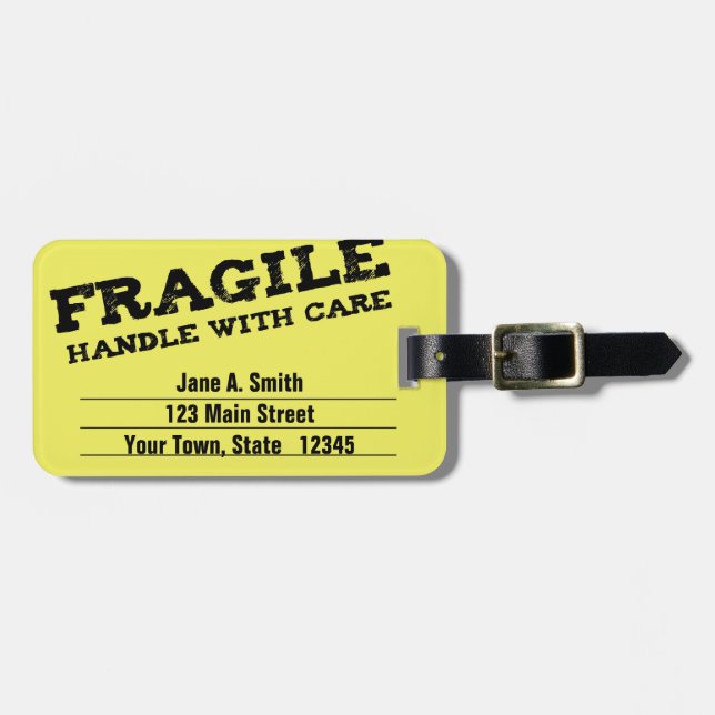 Etiqueta De Bagagem Frágil, punho com cuidado, amarelo (Frente Horizontal)