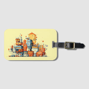 Etiqueta De Bagagem Fundo Amarelo Animado da Cidade do Cartoon