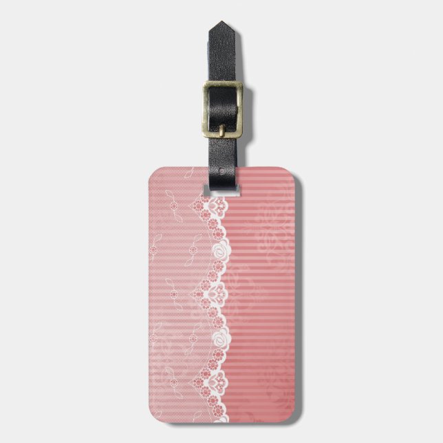 Etiqueta De Bagagem Fundo rosa e branco com rendas pretas (Frente Vertical)