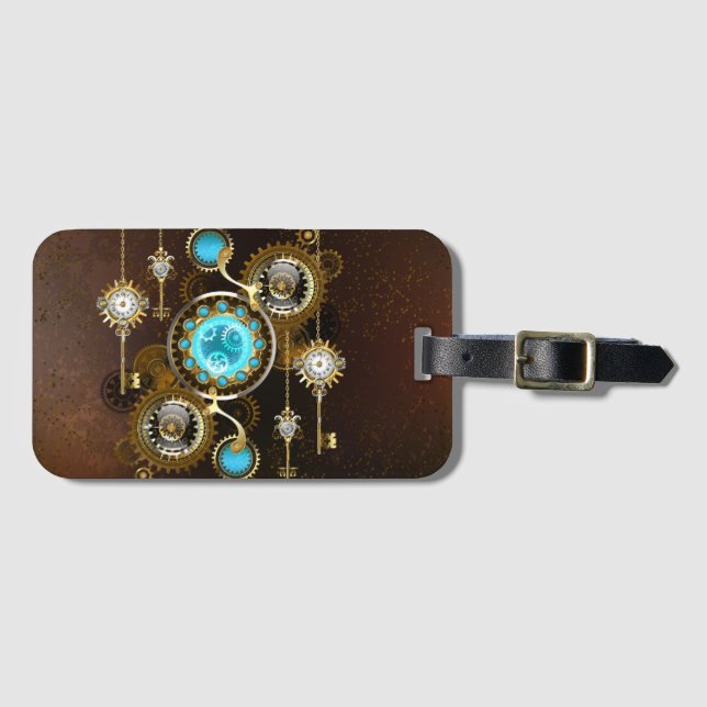 Etiqueta De Bagagem Fundo Rusty Steampunk com Lentes Turquesa (Frente Horizontal)