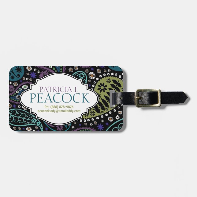 Etiqueta De Bagagem Funky Boho Hippie Peacock Paisley Personalizado (Frente Horizontal)