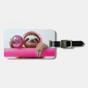 Etiqueta De Bagagem Funky Sloth com Fones de ouvido cor-de-rosa e Disc