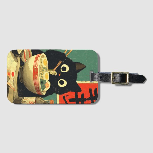 Etiqueta De Bagagem Funny Black Cat Eating Ramen (Frente Horizontal)