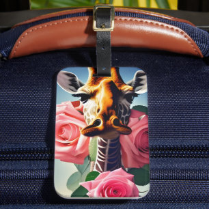 Etiqueta De Bagagem Funny Giraffe e Rosas Surreal