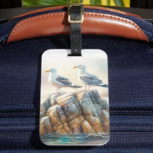 Etiqueta De Bagagem Gaivotas Costeiras Aquarela Paisagem Marítima