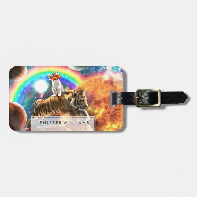 Etiqueta De Bagagem Galáxia Espacial Tigre Andando Gato na Pizza (Frente Horizontal)