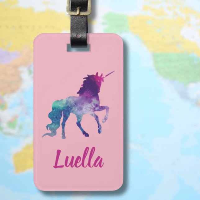 Etiqueta De Bagagem Garrafa rosa-branca personalizada Garrafa de bagag (Unicorn luggage tag for girl who loves unicorns and travel)
