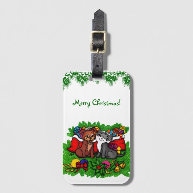 Etiqueta De Bagagem Gatinho e puppy, XMas feliz (Frente Vertical)