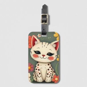 Etiqueta De Bagagem Gatinho Malhado Feliz com Flores