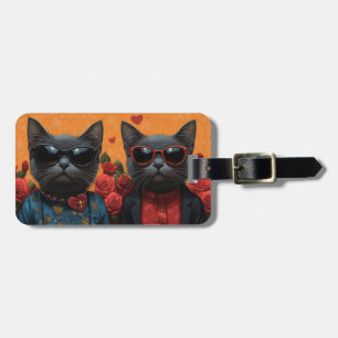 Etiqueta De Bagagem Gato Azul Russo com Rosas do Coração Dia dos Namor