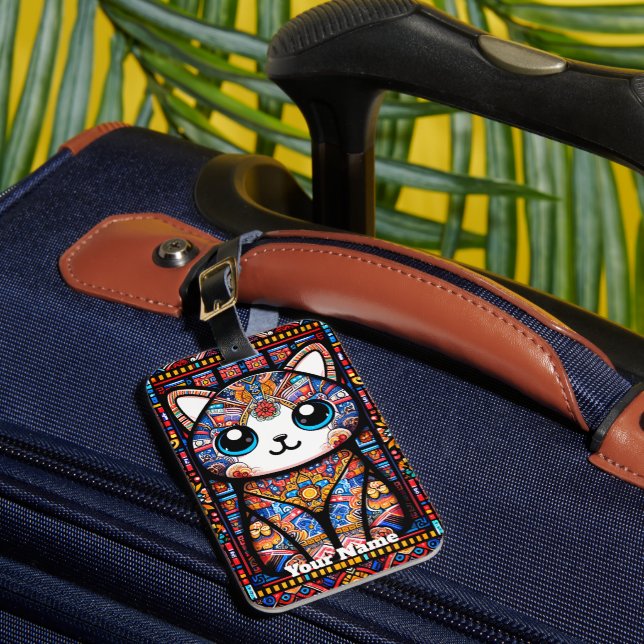 Etiqueta De Bagagem Gato Bonito com Charme de Padrão Tradicional (Frente Insitu 1)