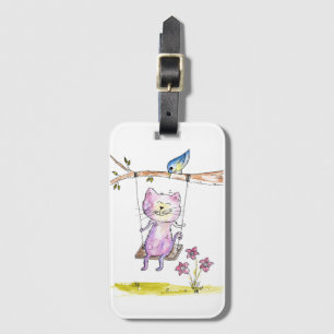 Etiqueta De Bagagem Gato Branco Cinto-Rosa em Swing