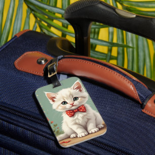 Etiqueta De Bagagem Gato branco fofo e adorável com gravata borboleta