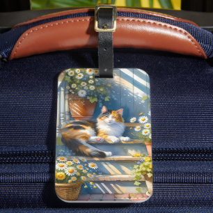 Etiqueta De Bagagem Gato Calico no Cottagecore de Varanda Floral