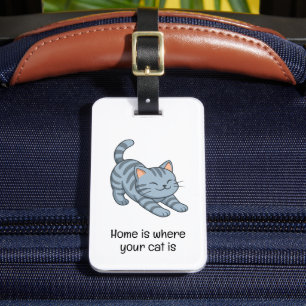Etiqueta De Bagagem Gato Cinza Listrado Esticado Texto Personalizado