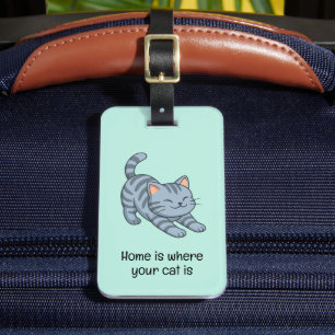 Etiqueta De Bagagem Gato Cinza Listrado Esticando Texto Personalizado