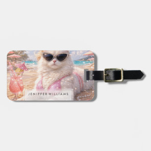 Etiqueta De Bagagem Gato de Praia Glamouroso com Óculos de Sol