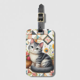 Etiqueta De Bagagem Gato Fofo no Quilt Floral Cottagecore