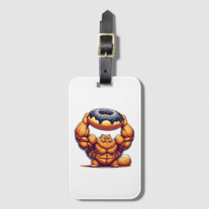 Etiqueta De Bagagem Gato Musculoso Levantando Donut
