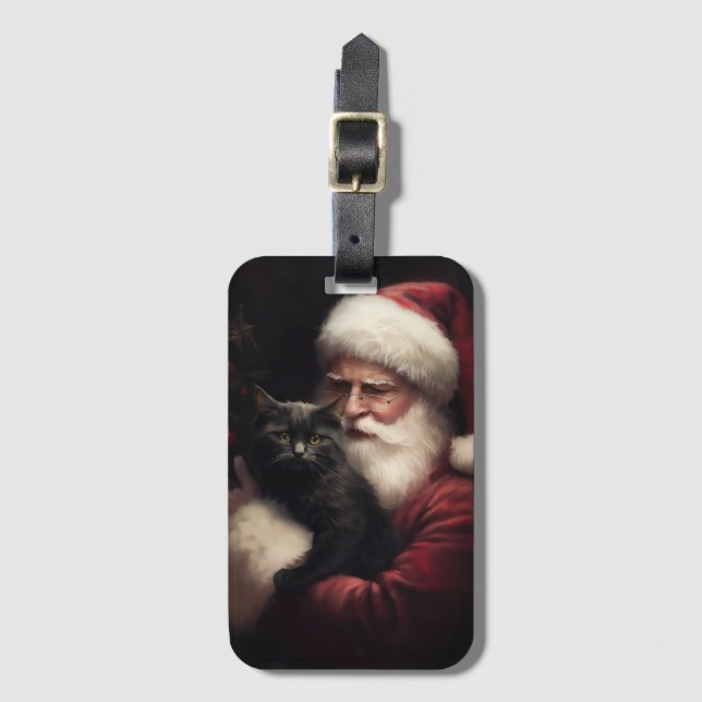 Etiqueta De Bagagem Gato Negro com Papai Noel Natal Festivo (Frente Vertical)