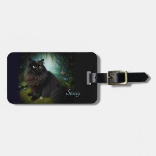 Etiqueta De Bagagem Gato Negro Fluffy na Frente do Nome da Floresta Mi