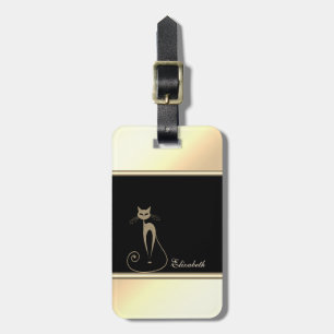 Etiqueta De Bagagem Gato Personalizado Moderno Feminino Preto e Dourad