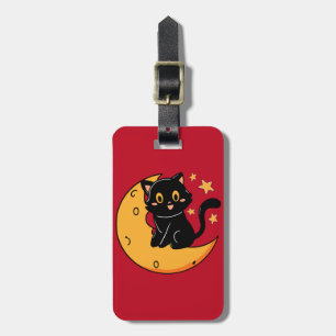 Etiqueta De Bagagem Gato preto bonito sentado na lua