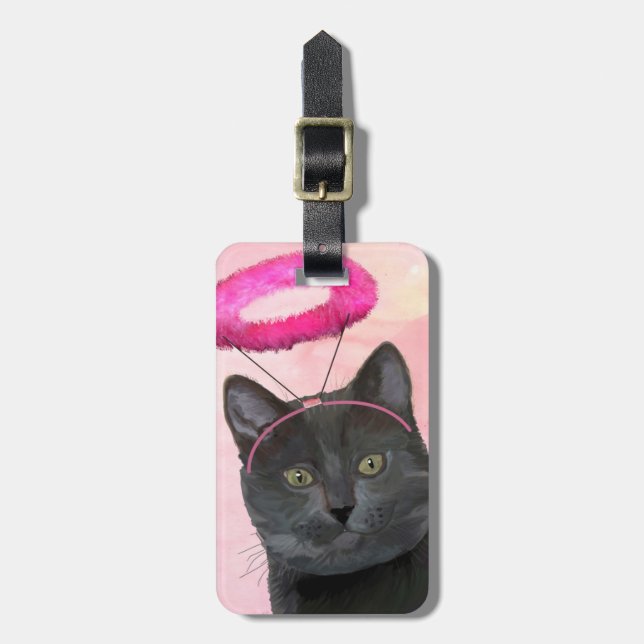 Etiqueta De Bagagem Gato Preto com Anjo Rosa Halo (Frente Vertical)