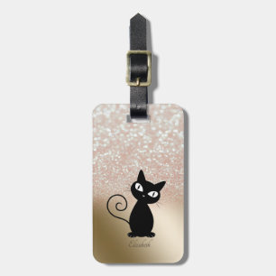 Etiqueta De Bagagem Gato Preto Elegante, Bokeh Brilhante - Personaliza