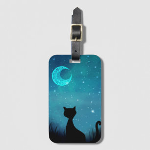 Etiqueta De Bagagem gato preto noite ilustração moderna brilho céu