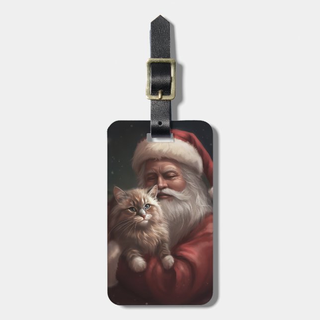 Etiqueta De Bagagem Gato Siberiano com Papai Noel Natal Festivo (Frente Vertical)