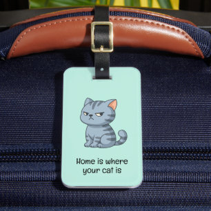 Etiqueta De Bagagem Gato Tabby Cinza Mal-Humorado Citação Verde