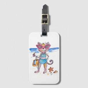 Etiqueta De Bagagem Gato Whimsical na Praia