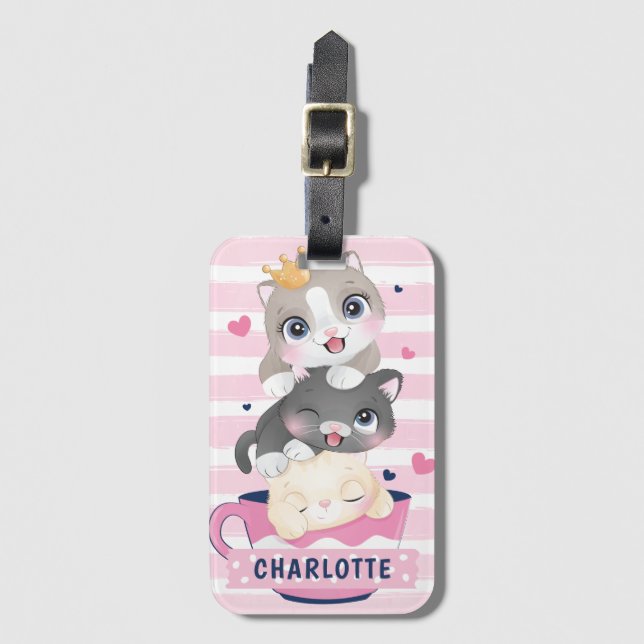 Etiqueta De Bagagem Gatos de Cartoon Cachorros Rosa Rasgados (Frente Vertical)