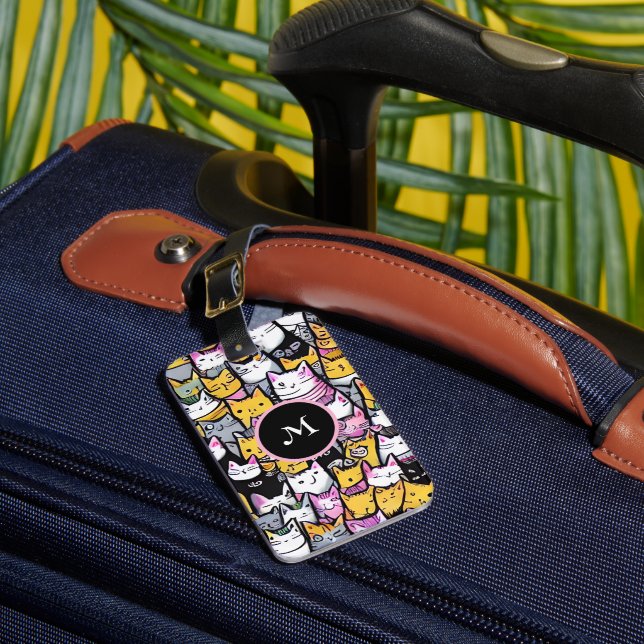 Etiqueta De Bagagem Gatos rostos de rabisco felino gatinho monograma (Frente Insitu 1)