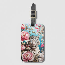 Etiqueta De Bagagem Gaze-Leopardo-Da-Neve Em Greve E Pêonias Rosa