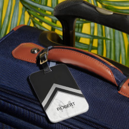 Etiqueta De Bagagem Geométrico Monogramado Chevron Preto Mármore Prata