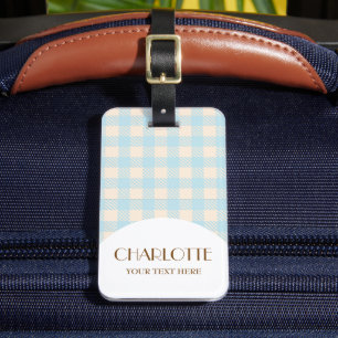 Etiqueta De Bagagem Gingham azul-bebê azul-claro-doce, gingham