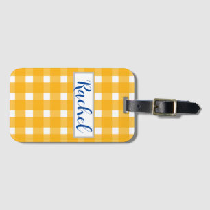 Etiqueta De Bagagem Gingham Branco Amarelo Personalizado