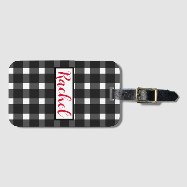 Etiqueta De Bagagem Gingham branco preto personalizado (Frente Horizontal)