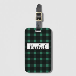 Etiqueta De Bagagem Gingham Verde Negro Personalizado