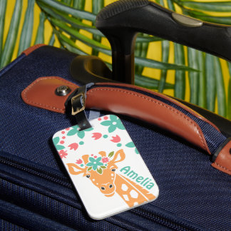 Etiqueta De Bagagem Girafa Bonita com Coroa Flor Personalizada