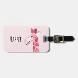 Etiqueta De Bagagem Girafa Safari e nome de criança cor-de-água rosa