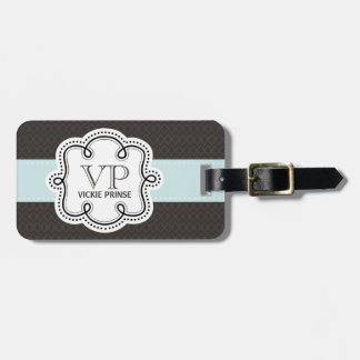 Etiqueta De Bagagem Girly Brown e Blue Patterle Doodle Monograma